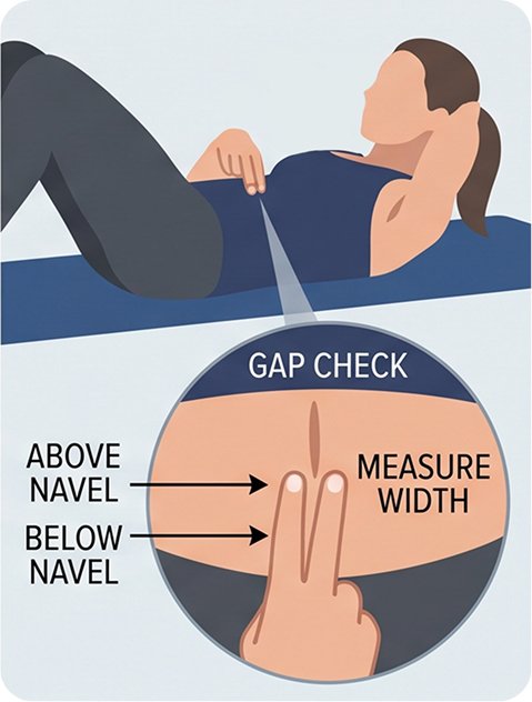 Step 4: Fingers measuring the gap between the tummy muscle ridges