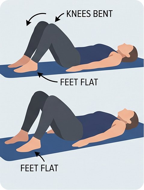 Step 1: Woman lying on back with knees bent, feet flat